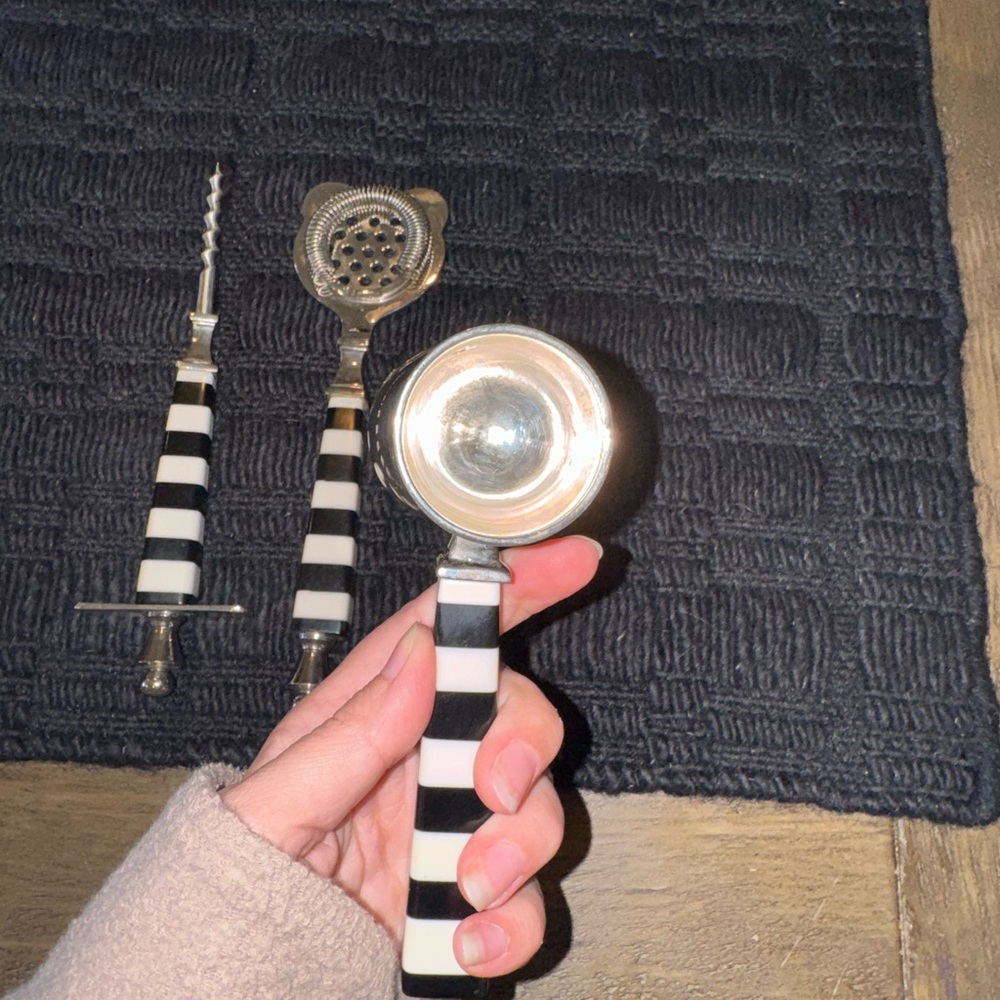 McKenzie Childs Courtley Check Bar Tool Set of 3 Black & Ivory Stainless Steel - Picture 5 of 8
